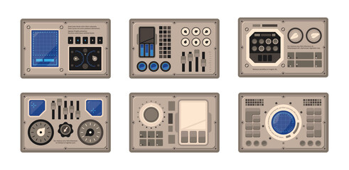 Wall Mural - Control panel. Spaceship ui dashboard round controllers buttons displays and controlling computer devices garish vector flat templates collection