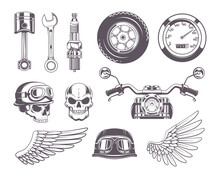 Motorcycle Badges. Traveling Moto Labels For Bikers Club Choppers Skull Tattoo Exact Vector Monochrome Templates