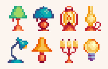Wall Mural - home interior lamp pixel art set. electric bulb, candle, vintage lampshade, lantern collection. 8-bi