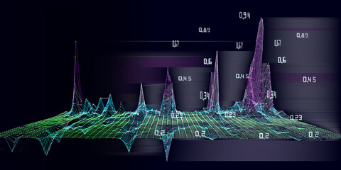 Wall Mural - Abstract technology background with wireframe grid data and blurred lines on dark. Visual presentation of analysis research algorithms. Banner for business, science and technology. Big Data.