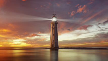 Wall Mural - lighthouse at sunset with light rays