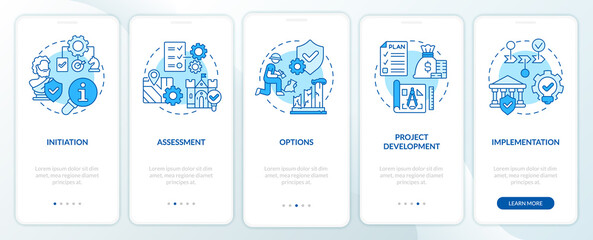 Heritage conservation process blue onboarding mobile app screen. Walkthrough 5 steps graphic instructions pages with linear concepts. UI, UX, GUI template. Myriad Pro-Bold, Regular fonts used