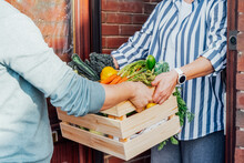 Home Fresh Food Delivery. Woman Taking Wooden Box With Vegetables And Fruits. Support Local Farmer Food Production . New Start Of A Healthy Life, Weight Loss Concept. Online Food Order. Recipe Box