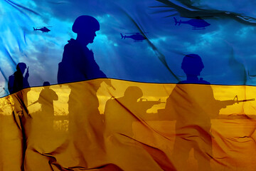 Wall Mural - Silhouettes of soldiers with assault rifles and Ukrainian national flag, double exposure