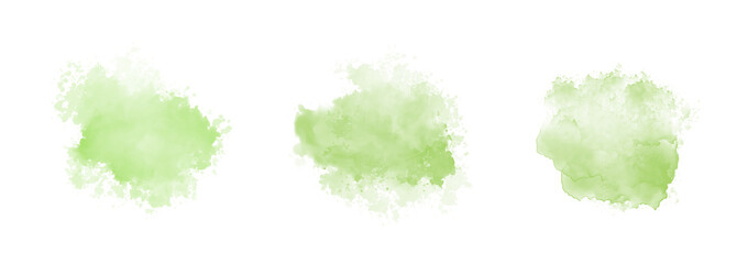 Wall Mural - Set of abstract green watercolor water splash on a white background. Vector watercolour texture in salad color. Ink paint brush stain. Green splatters spot. Watercolor pastel splash