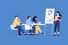 People Concept. Vector Illustration Of Business Report, Meeting, Analysis And Planning For Graphic And Web Design, Business Presentation And Marketing Material.