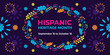 Hispanic heritage month. Vector web banner, poster, card for social media, networks. Greeting with national Hispanic heritage month text, floral pattern, on purple background.