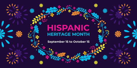 Wall Mural - Hispanic heritage month. Vector web banner, poster, card for social media, networks. Greeting with national Hispanic heritage month text, floral pattern, on purple background.