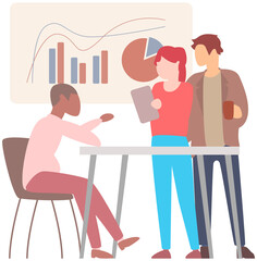 Wall Mural - Business partners have meeting in office. Discussion and brainstorming process. People discuss statistics, business data presentation at workplace. Colleagues analyze data, plan development strategy