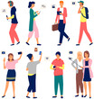 © robu_s - Global data sharing data concept vector illustration of young people using mobile smartphone to share posts and news in social networks. Man and woman holds smart phone to make repost of video news