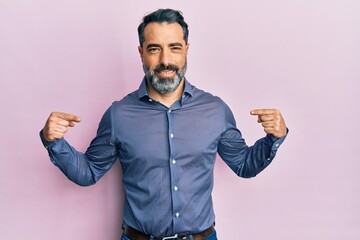 Sticker - Middle age man with beard and grey hair wearing business clothes looking confident with smile on face, pointing oneself with fingers proud and happy.