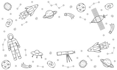 Cosmos doodle is a set of vector illustrations. Frame icons of space elements rocket cosmonaut stars satellite telescope comet.