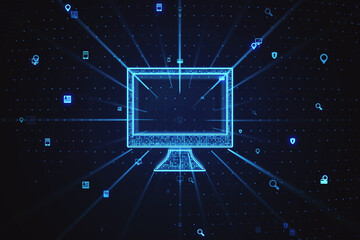 Wall Mural - Abstract computer monitor on dark blue background. Digital transformation concept. 3D Rendering.