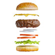 3d render of hamburger disassemble on white background.