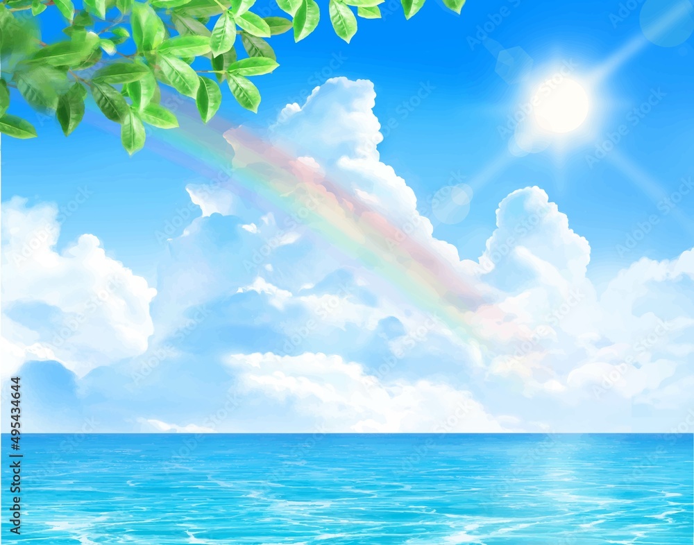 光り輝く太陽と入道雲のある虹のかかった青空に新緑の美しい若葉の初夏