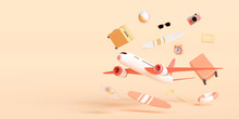 Summer Vacation Concept, Travel By Airplane Carrying Travel Accessories, 3d Illustration