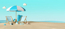 Summer Vacation Concept, Banner Of Beach Chairs And Accessories On The Beach,3d Illustration