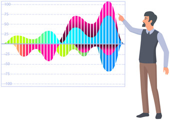 Man studies statistics on presentation. Male character working with report. Manager working and analyzing financial statistic. Male marketer examines information about metrics. Data screen with charts