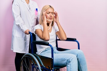 Wall Mural - Beautiful blonde woman sitting on wheelchair with collar neck with hand on head for pain in head because stress. suffering migraine.