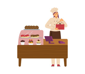 Candy store or pastry counter with salesperson flat vector illustration isolated.