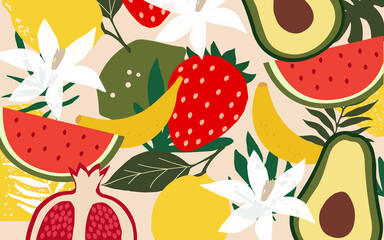 Exotic fruit poster. Summer tropical design with fruit, strawberry, pomegranate, avocado, banana, lemon and watermelon colorful mix. Healthy diet, vegan food background vector illustration	