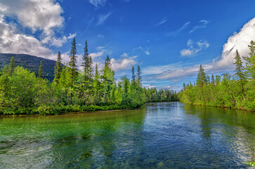 Wall Mural - Mountain lake in summer sunny day