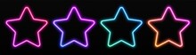 Gradient Neon Star Frames Set. Glowing Borders Isolated On A Dark Background. Colorful Night Banner, Vector Light Effect. Bright Illuminated Shape.