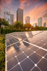 Wall Mural - solar panel with city twilight architecture electric energy light background,clean alternative power