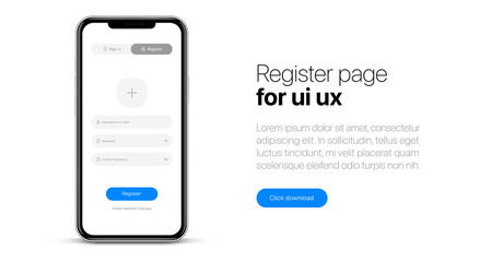 Register screen. Sign up page. Mobile application interface, registration form with login and password fields. UI UX with buttons and network account sign. Vector web page mockup for smartphone.