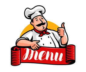 Wall Mural - Chef logo. Emblem for restaurant or cafe menu. Cook cartoon character vector illustration