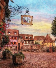 Impressionism Painting Modern Artistic Artwork, Drawing Oil Europe Famous Street, Beautiful Old Vintage Houses Facade. Wall Art Design Print Template For Canvas Or Paper Poster, Touristic Production
