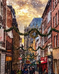  Impressionism painting modern artistic artwork, drawing oil Europe famous street, beautiful old vintage houses facade. Wall art design print template for canvas or paper poster, touristic production