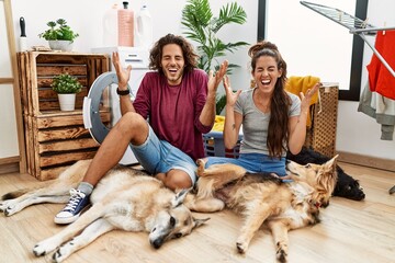 Wall Mural - Young hispanic couple doing laundry with dogs celebrating mad and crazy for success with arms raised and closed eyes screaming excited. winner concept