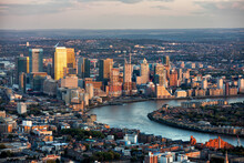 Aerial view at sunset of Canary Wharf London