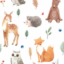 Beautiful Vector Seamless Pattern With Cute Watercolor Hand Drawn Wild Forest Animals Deer Hedgehog Fox Owl Bear. Stock Illustration.