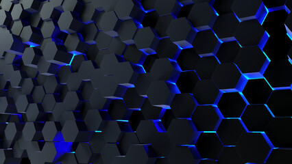 digital generated technology hexagon background.glossy textured hexagons with blue back glow.modern 