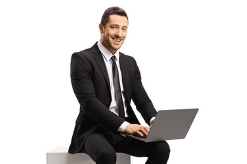 Poster - Businessman sitting and using a laptop computer, looking at the camera