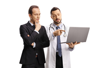 Poster - Doctor showing a screen from a laptop computer to a businessman