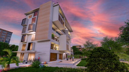 Fototapete - Modern new apartment block in the evening