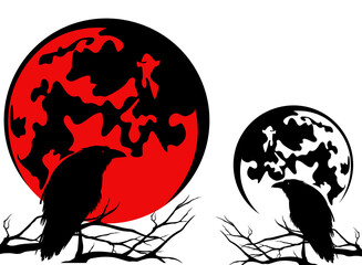 raven bird sitting at bare tree branch agaisnt red full moon - spooky halloween night vector design 