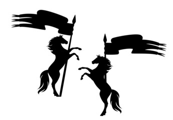 Wall Mural - rearing up horse with spear and banner - fairy tale medieval heraldry black and white vector silhouette set