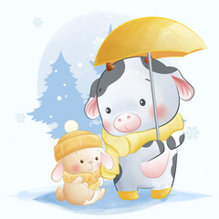 Wall Mural - Cute animals, little bunny and cow playing in snow