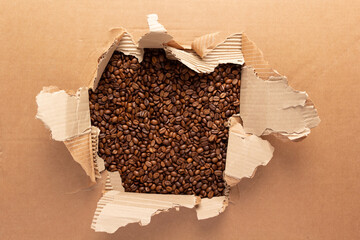 Poster - Coffee beans and torn cardboard paper. Coffee bean backround