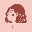 © julymilks - Vector illustration with beautiful young woman head with floral twig in hair. Trendy fashion print design with girl