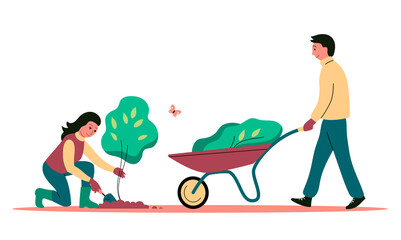 A family couple is planting a tree sapling. A man with a wheelbarrow, a woman digs the soil with a shovel. Caring for nature and ecology. Flat illustration isolated on white background