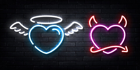 Wall Mural - vector realistic isolated neon sign of angel and devil hearts for decoration and covering on the wal