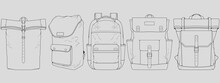 Set Of Backpack Outline Drawing Vector, Set Of Backpack In A Sketch Style, Trainers Template Outline, Vector Illustration.
