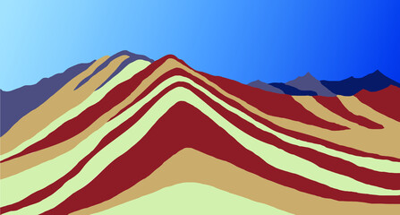 Wall Mural - Rainbow mountains or Vinicunca Montana de Siete Colores isolated on blue sky background, Cuzco region in Peru, Peruvian Andes, panoramic view