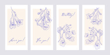 Vector Floral Template For Design Greeting Card Invitation Gift. Outline Style Flowers Jacaranda Tree. Violet Elements On A Beige Background. Hand Drawn Illustration