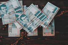 Russian Money And Armenian Money, Armenia And Russia Banknote On Wooden Board. Wallpaper Business And Finance